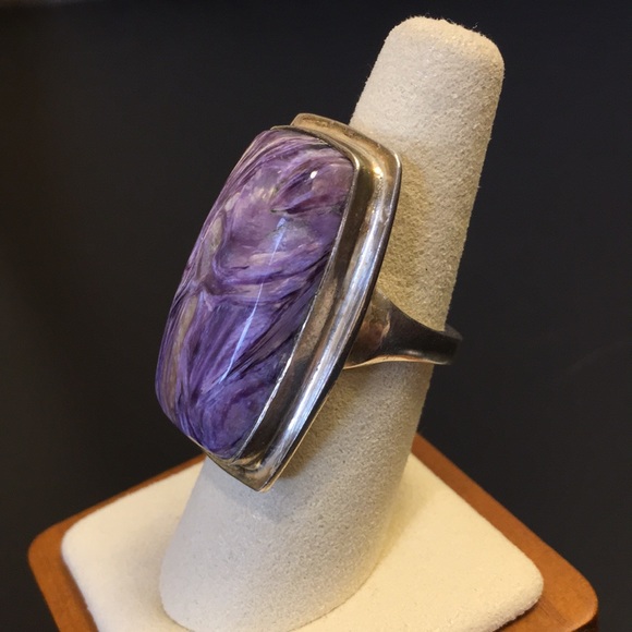 Vintage Amethyst Cabochon Sterling Silver Cocktail Ring Sz 7•1/4 - Picture 11 of 13